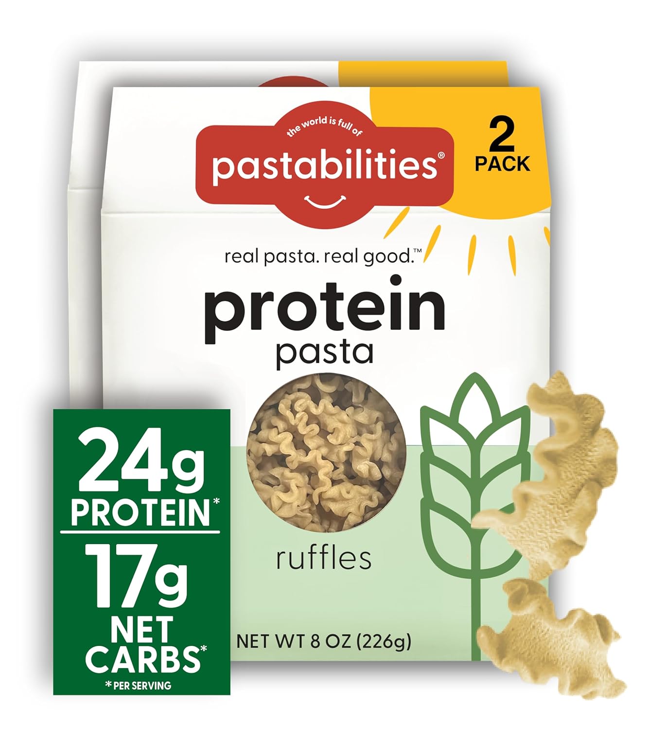 Pastabilities, Protein Pasta, Ruffles - 24g Protein & Low Carb, 17g Net Carbs - High Protein, Delicious Taste & Texture Non-GMO Plant-Based Pasta, Keto Friendly, Vegan (8 Ounce, 2 Pack)