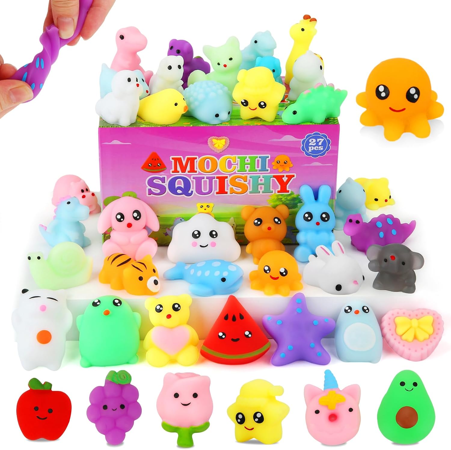 Mochi Squishy Toys, 27 Mini Kawaii Squishies Party Favors for Kids 4-8 8-12