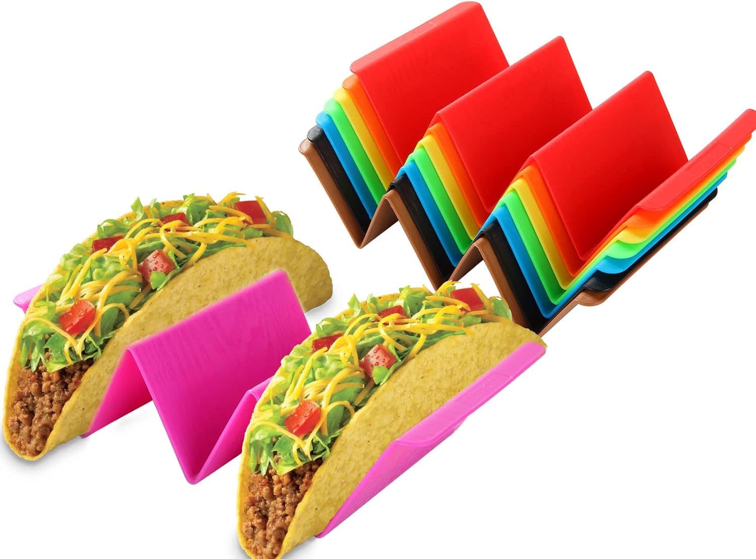 ASelected Taco Holder Stands 8 Pack, Colorful Taco Rack Holders, Premium Large Taco Tray Plates Holds Up to 3 or 2 Tacos Each, Very Hard and Sturdy, Dishwasher & Microwave Safe