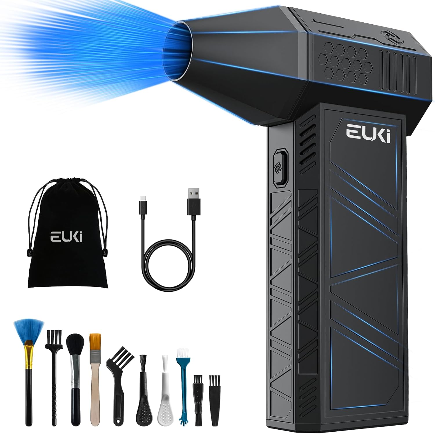 EUKI Compressed Air Duster-150000RPM Electric Air Duster, Cordless Rechargeable High-Speed Air Blower, 3-Gear Adjustable Jet Dry Blower for Keyboard, PC, Car, Air Bed and Home Cleaning, Black