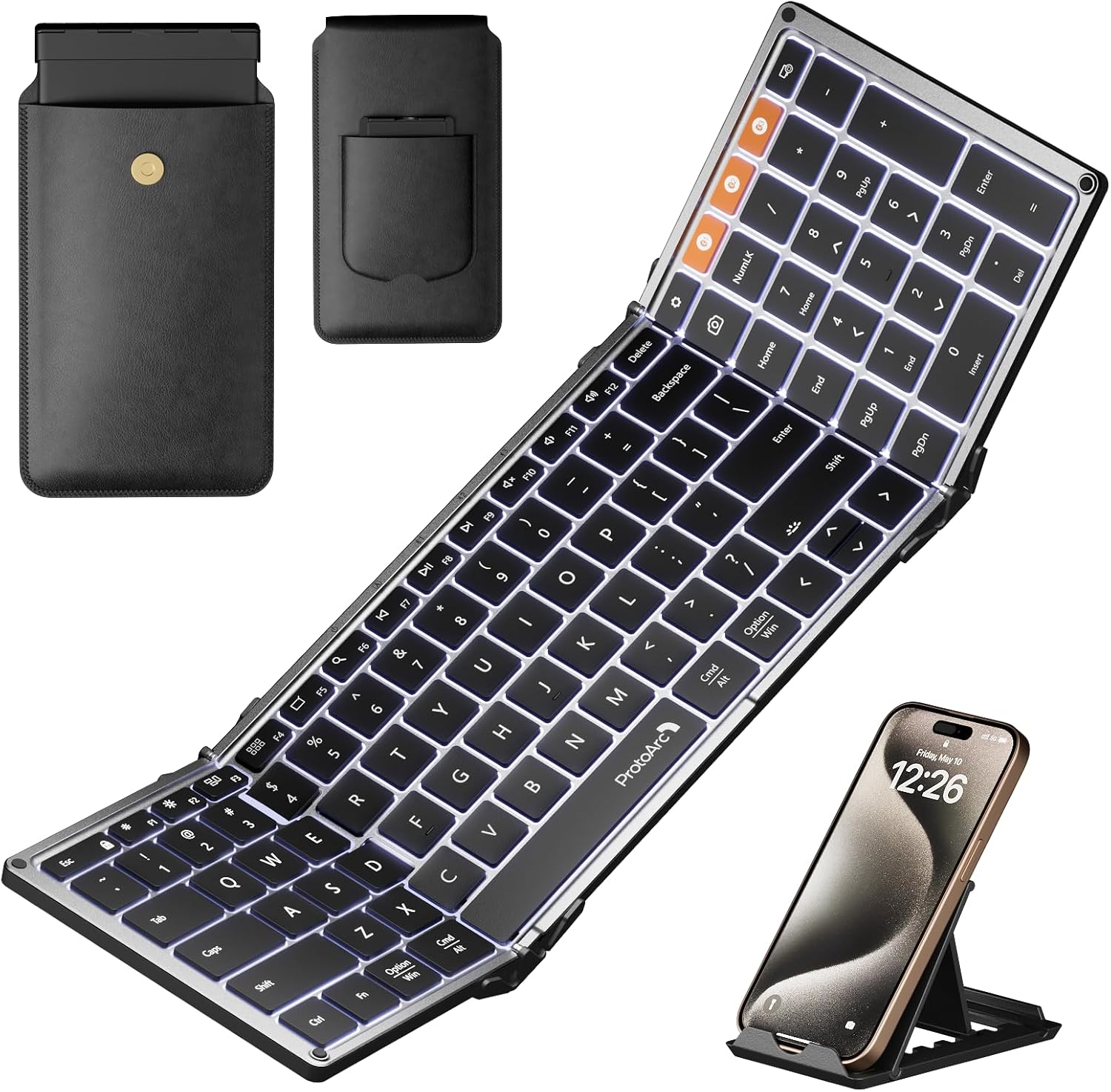 ProtoArc Backlit Foldable Keyboard, XK01 Plus Folding Portable Bluetooth Keyboard for Travel, Full Size External Wireless Keyboard with Backlight for iPad Tablet Smartphone Laptop PC