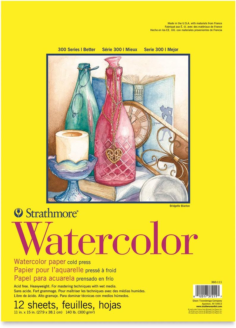 Strathmore 300 Series Watercolor Paper Pad, Tape Bound, 11x15 inches, 12 Sheets (140lb/300g) - Artist Paper for Adults and Students - Watercolors, Mixed Media, Markers and Art Journaling