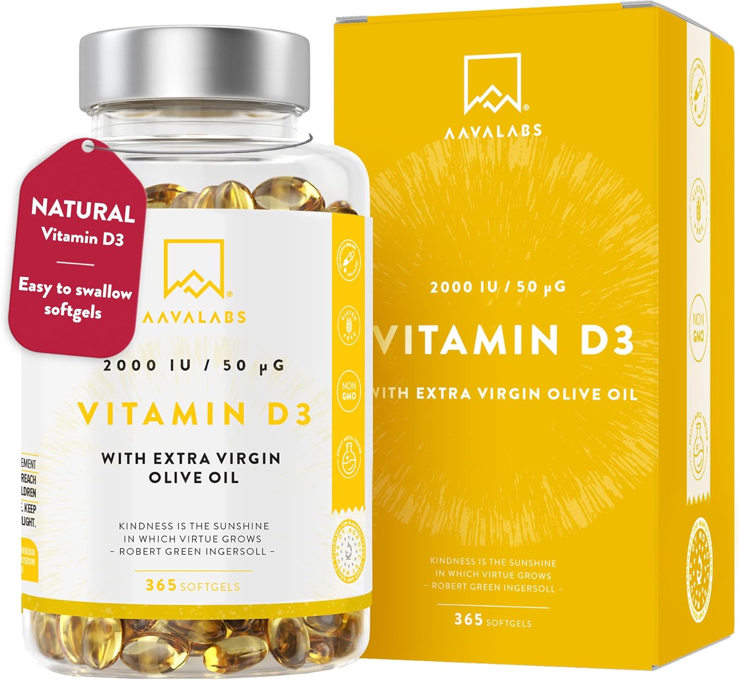 Vitamin D3 [2000 IU] - with Extra Virgin Olive Oil for Optimum Absorption - High Strength Vitamin D Supplement - Contributes to Bone, Muscle and Immune Function - 365 Vitamin D Capsules