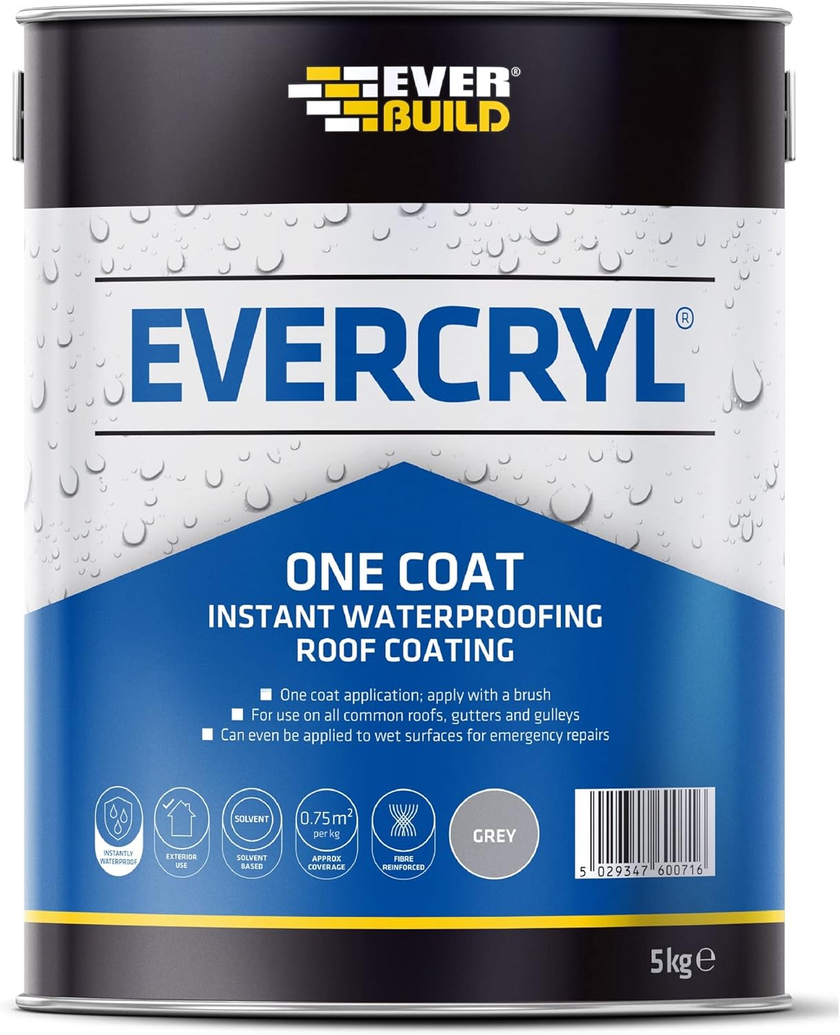 Everbuild Evercryl One Coat Instant Waterproofing – Suitable for Roofs, Gutters and Gulleys – Grey – 5kg