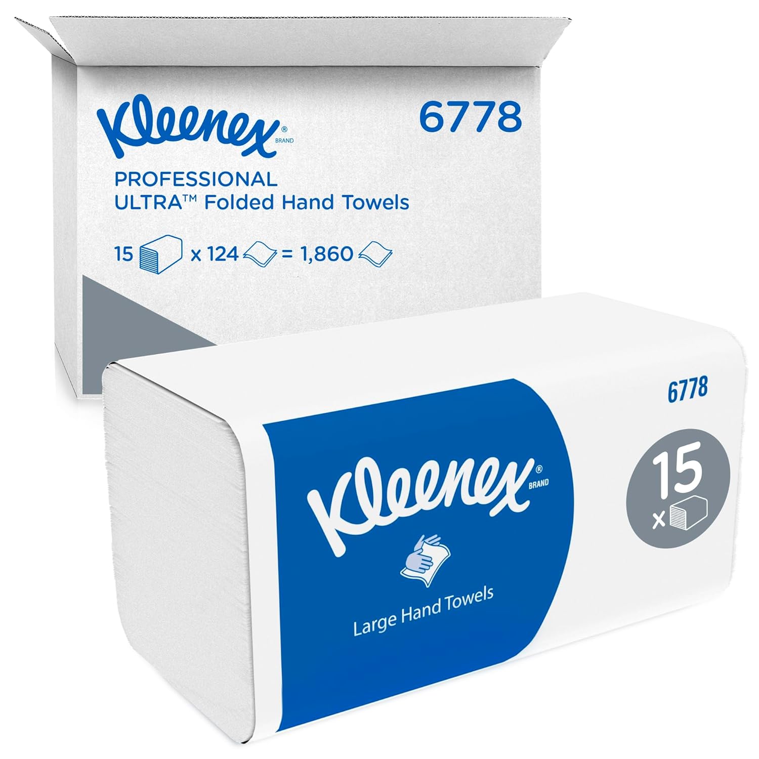 Kleenex Ultra Paper Towels 6778 V-Fold 2-Ply White Interfold Towels, Ultra-Absorbent, Tear-Resistant, FSC Certified, 15 Packs x 124 Sheets (1,860 Sheets Total)
