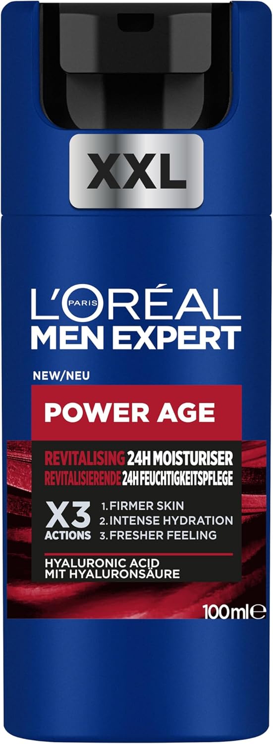 L'Oreal Men Expert Power Age Moisturiser, Hydrating & Revitalising Hyaluronic Acid Moisturiser for Men, designed for Ageing, Dry & Dull Skin 100ml, 1
