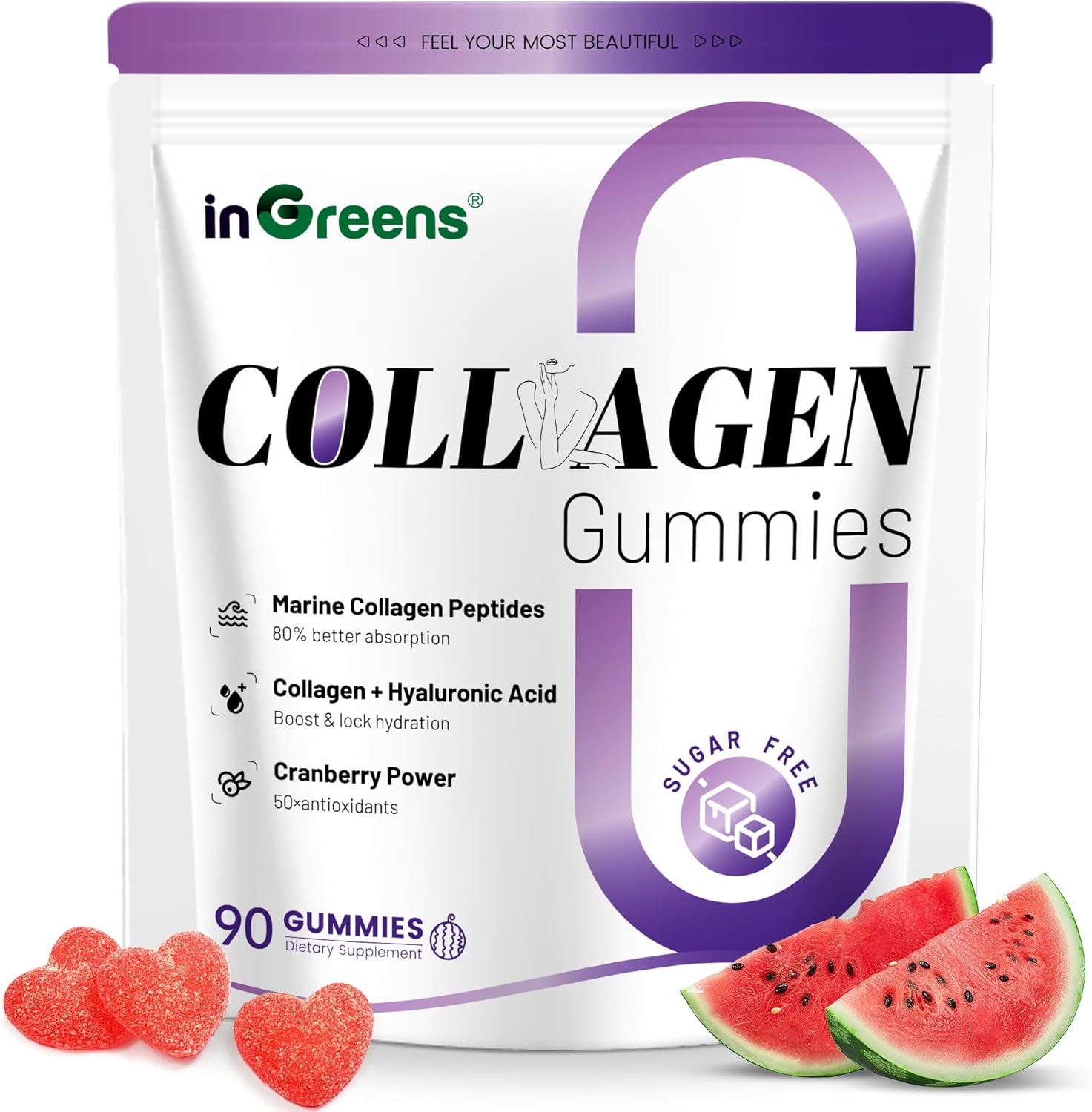 Collagen Peptides Gummies for Women - 5000mg Hydrolyzed Marine Collagen, Sugar Free with Type I,II,III & Biotin, 90 Count