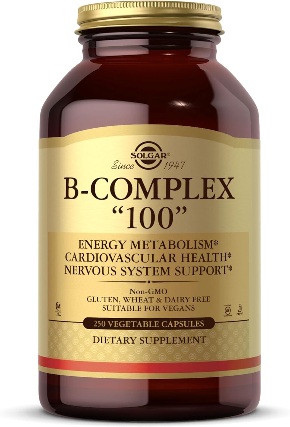 Solgar B-Complex "100", 250 Vegetable Capsules - Heart Health - Nervous System- Supports Energy Metabolism - Non-GMO, Vegan, Gluten / Dairy Free, Kosher, Halal - 250 Servings