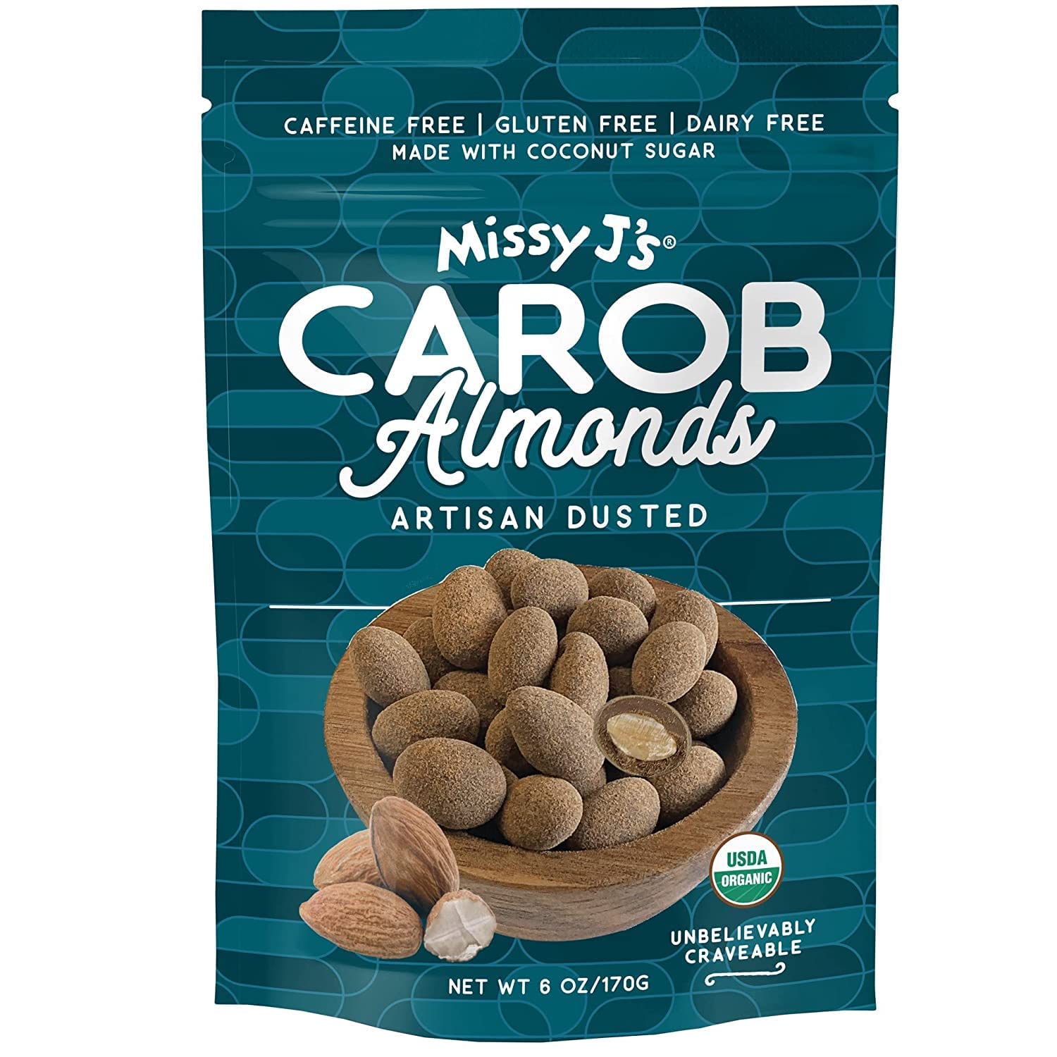 Missy J's Organic Carob Covered Almonds 6oz. | Carob Made w/Coconut Sugar, Vegan and Gluten-Free | Healthy Caffeine Free Substitute for Chocolate, Perfect for Snacks and Treats