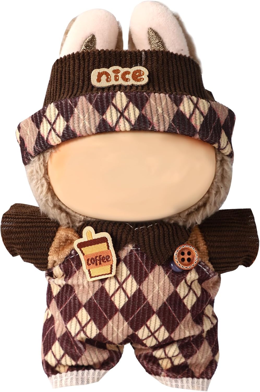Coffee Color Rhombus Doll Clothes, Cute Plush Outfit Overalls Rhombus Strap Set with Headgear & Coat Vintage Clothing Accessories Set for 6.69in Dolls