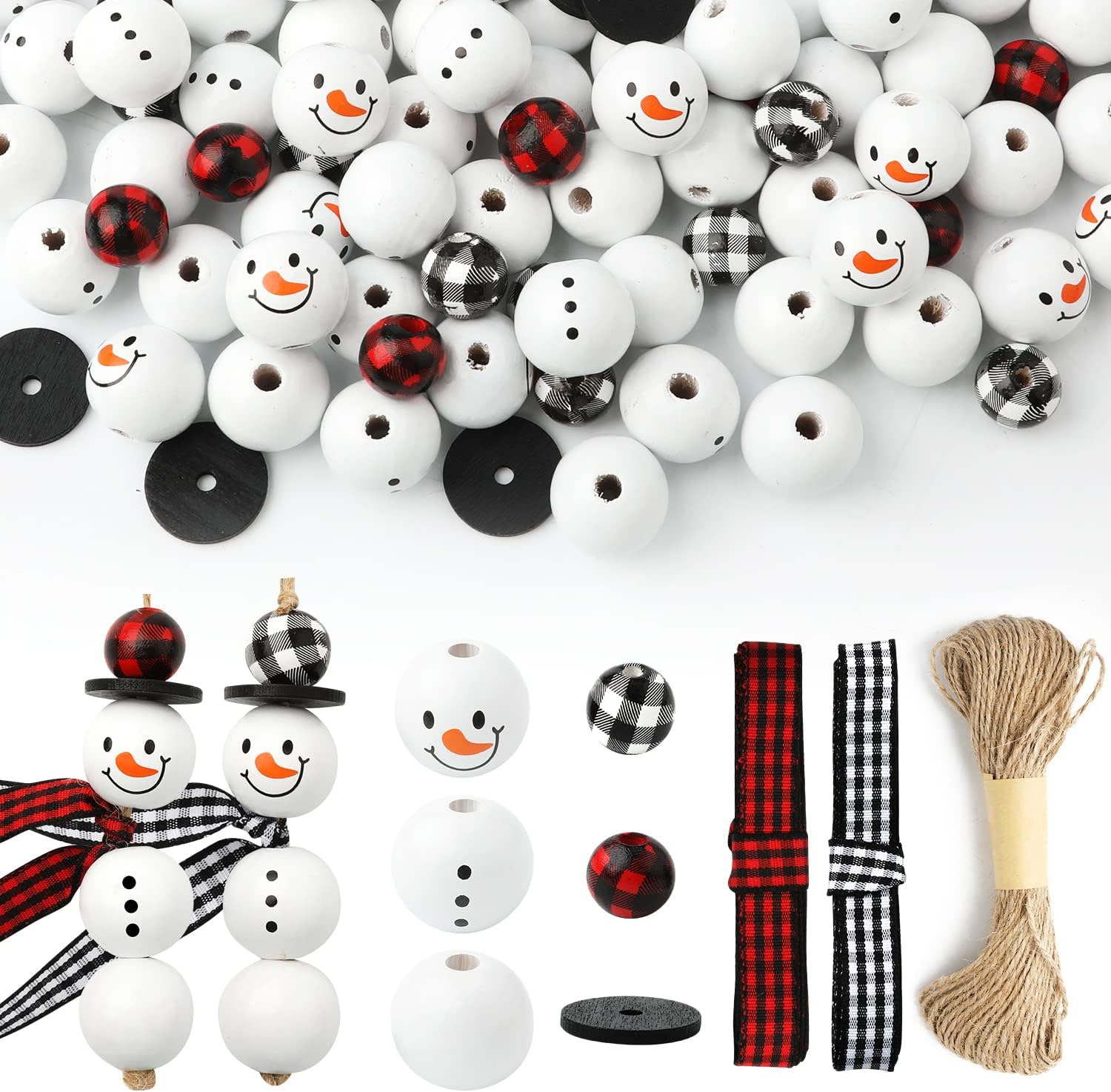 Savita 150pcs Christmas Snowman Wooden Beads Set, Winter Wooden Beads Christmas Buffalo Plaid Beads with Hemp Rope for DIY Crafts Decoration, White,Black
