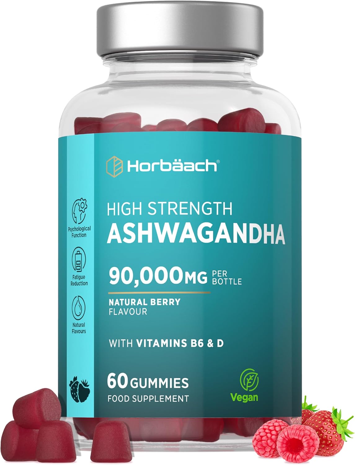 Ashwagandha Gummies 90,000mg Per Bottle | High Strength with Vitamin B6 & D3 | 1500mg x 60 Vegan Gummies | Natural Berry Flavour | Horbaach