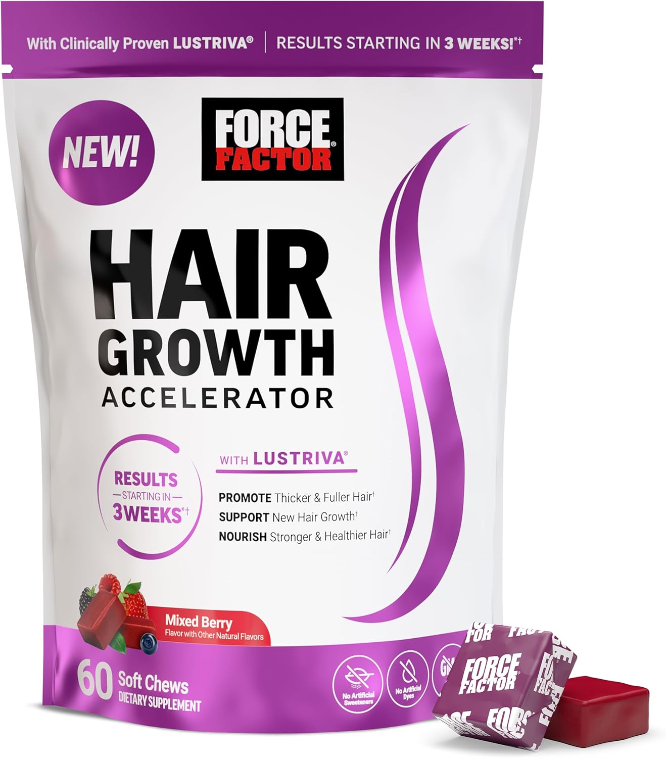 Force Factor Hair Growth Accelerator Soft Chews, Hair Growth Vitamins for Women and Men with Clinically Proven Lustriva and Biotin to Promote Thicker, Fuller, Stronger Hair, Mixed Berry, 60 Soft Chews
