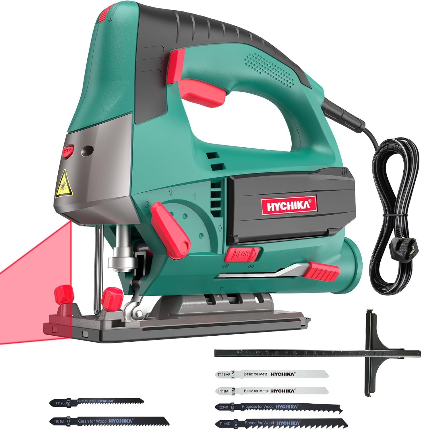 HYCHIKA Jig Saws, 800W Max Cutting Depth 110mm for Metal, 800-3000 SPM Electric Jigsaw with Class 2 Laser, 6 Variable Speeds, 0-3 Orbital Sets, -45° to +45° Bevel Cutting, 6 Blades
