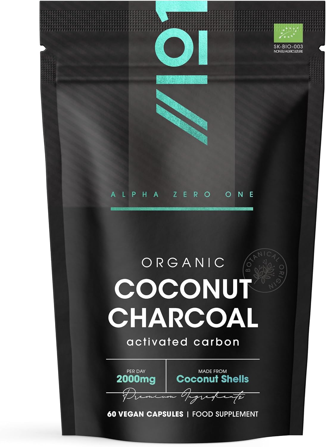 Organic Activated Coconut Charcoal 2000mg - 60 Capsules - from Thai Coconut Shells - Bloating & Gas, Digestion & Flatulence Natural Relief – Resealable and Recyclable Pouch by Alpha01