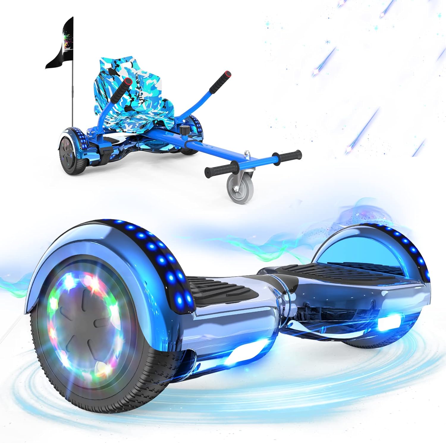 RCB Hoverboards with Go Kart Seat Bundle for Kids Segways Built in LED lights Bluetooth Speaker Hoverboards, Gift for Kids and Adult