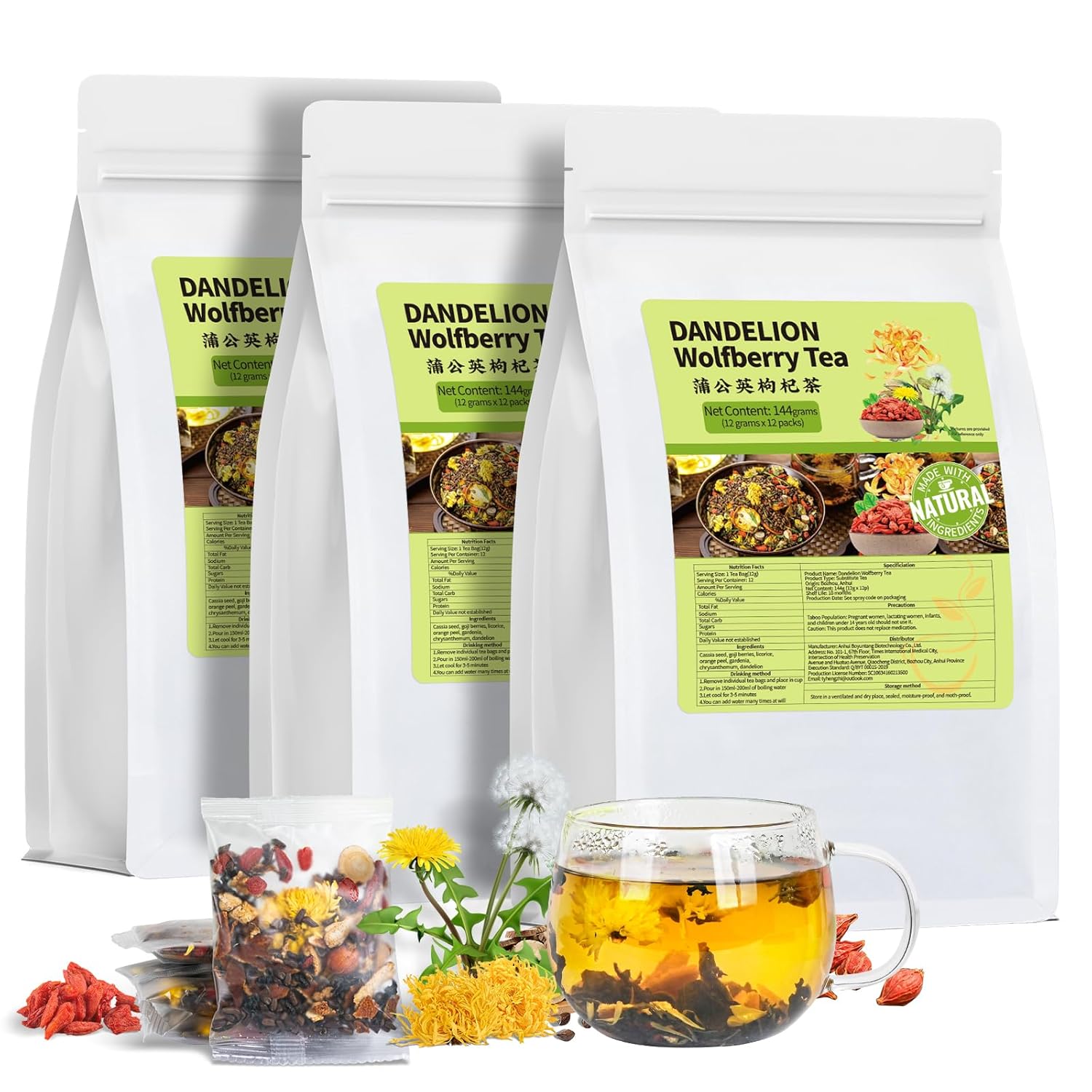 Dandelion Wolfberry Tea Organic, Natural Kidneys & Liver Health Dandelion Root Tea with Dandelion, Chrysanthemum, Wolfberry, Cassia Seed, Licorice, Orange Peel, Gardenia (3 Pack/36 Bags)