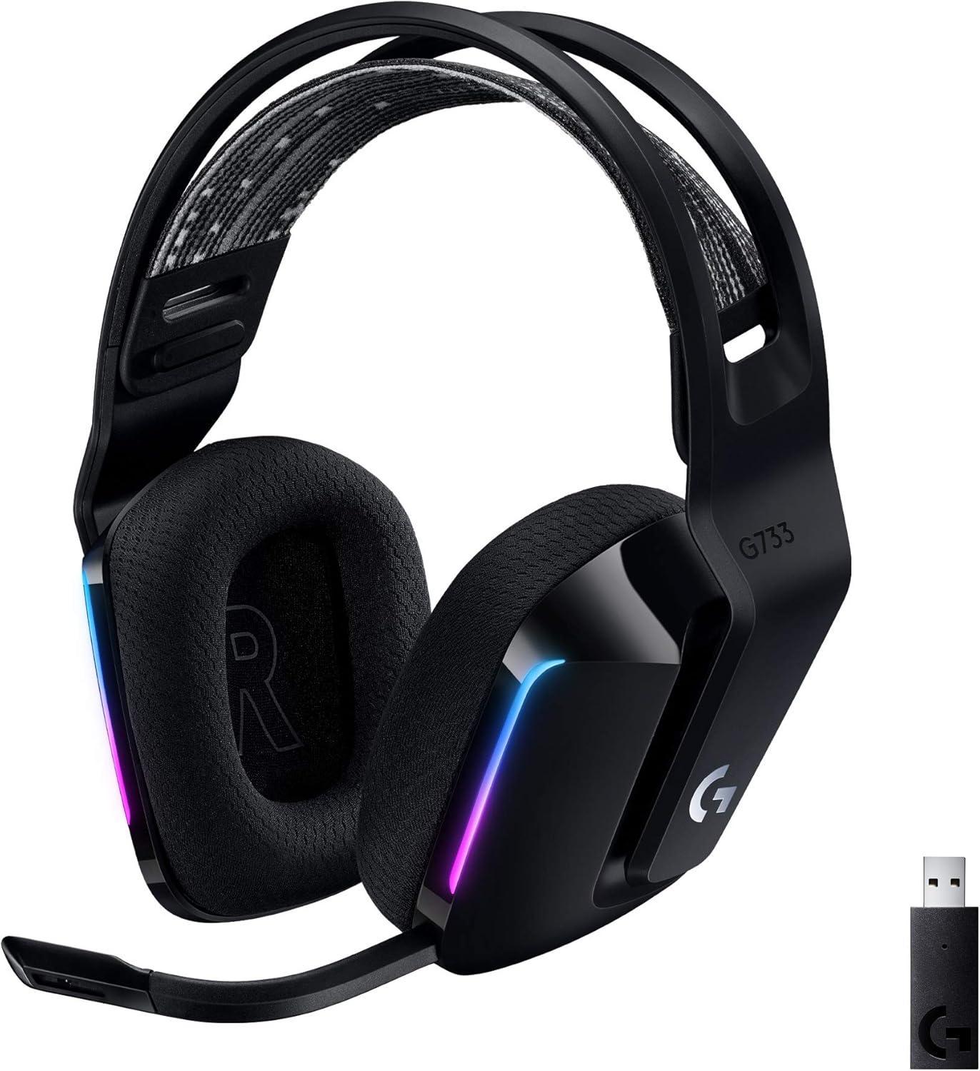 Logitech G G733 LIGHTSPEED Wireless Gaming Headset with suspension headband, LIGHTSYNC RGB, Blue VO!CE mic technology and PRO-G audio drivers, Lightweight, 29 Hour battery life, 20m range - Black
