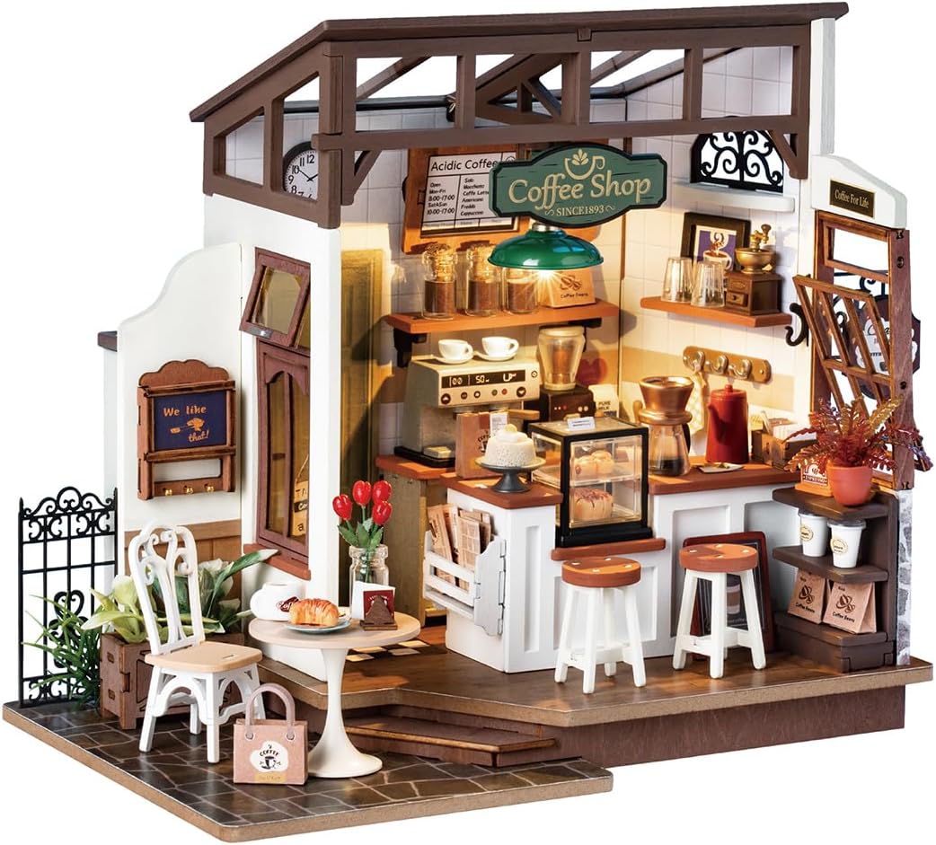 Rowood Coffee Miniature House Kit, DIY Miniature Dollhouse Kits Gifts for Adults to Build, Mayberry Street Miniatures, Wooden Adults Crafts, Mini Model Kits with LED, Birthday for Teens(NO.17 Cafe)