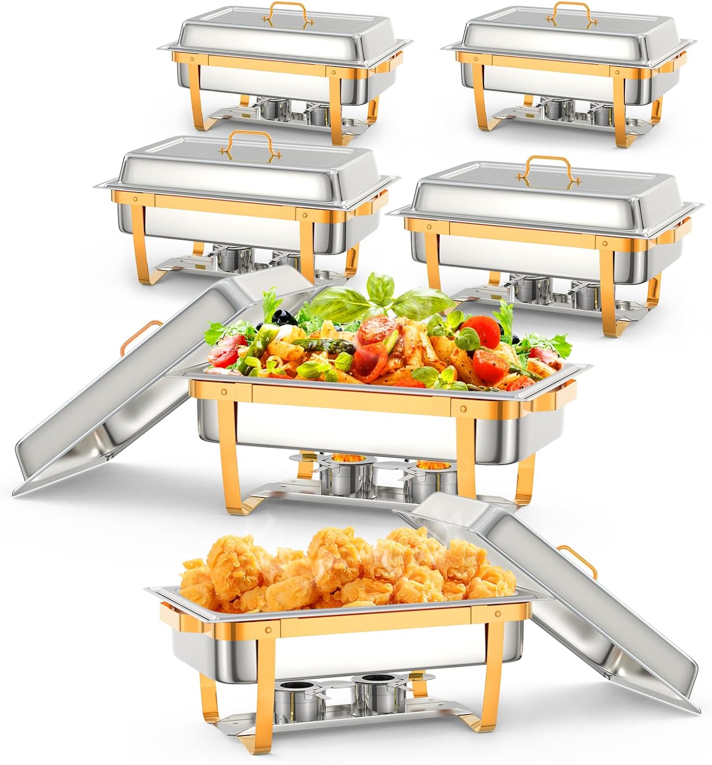6 Pack 9.5QT Stainless Steel Chafing Dish Buffet Set w/Lid Holder, Spoon, Tweezers - for Catering, Weddings, Parties, Home Dining – Durable & Portable