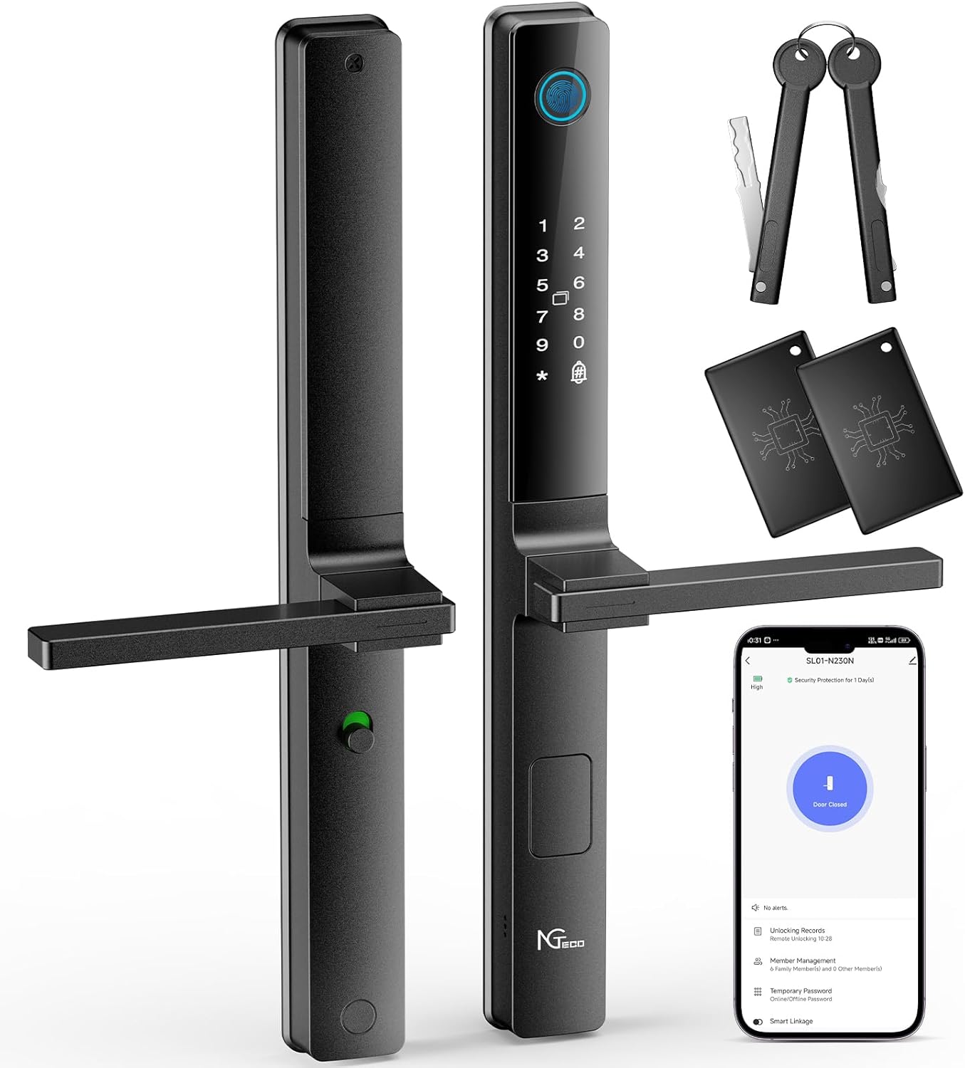 NGTeco Smart Door Lock with Handles, Fingerprint Keyless Security Entry Door Lock, Passcode, IC Card, Fingerprint, Key, WiFi Smart Lock for Narrow-Frame Doors, APP Control, Easy Installation