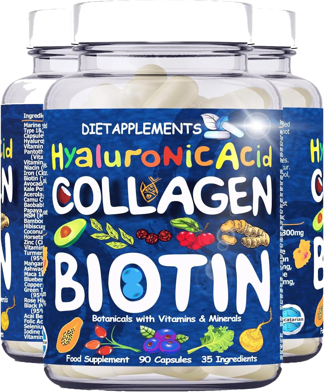 Marine Collagen Type1&3 1800mg, Biotin 10000mcg/serving, Hyaluronic Acid, Vitamins, Minerals, Botanicals | 2432mg/serving | Hydrolysed High Strength Peptides Supplement | Skin, Hair, Nails, Joints