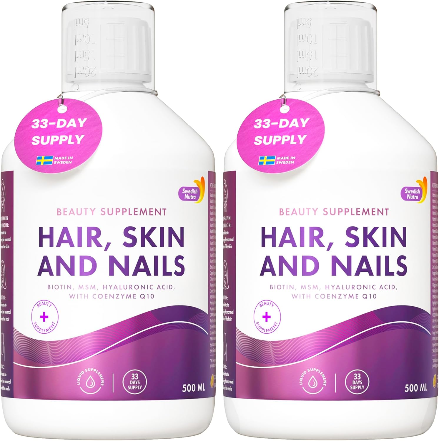 Swedish Nutra - Hair, Skin and Nails Liquid Supplement - 2 Packs of 500 ml, 66 Day Supply | Full of Vitamins, Biotin, Collagen, MSM, CoQ10 I 100% Natural Orange Flavour | Vegan and Gluten Free
