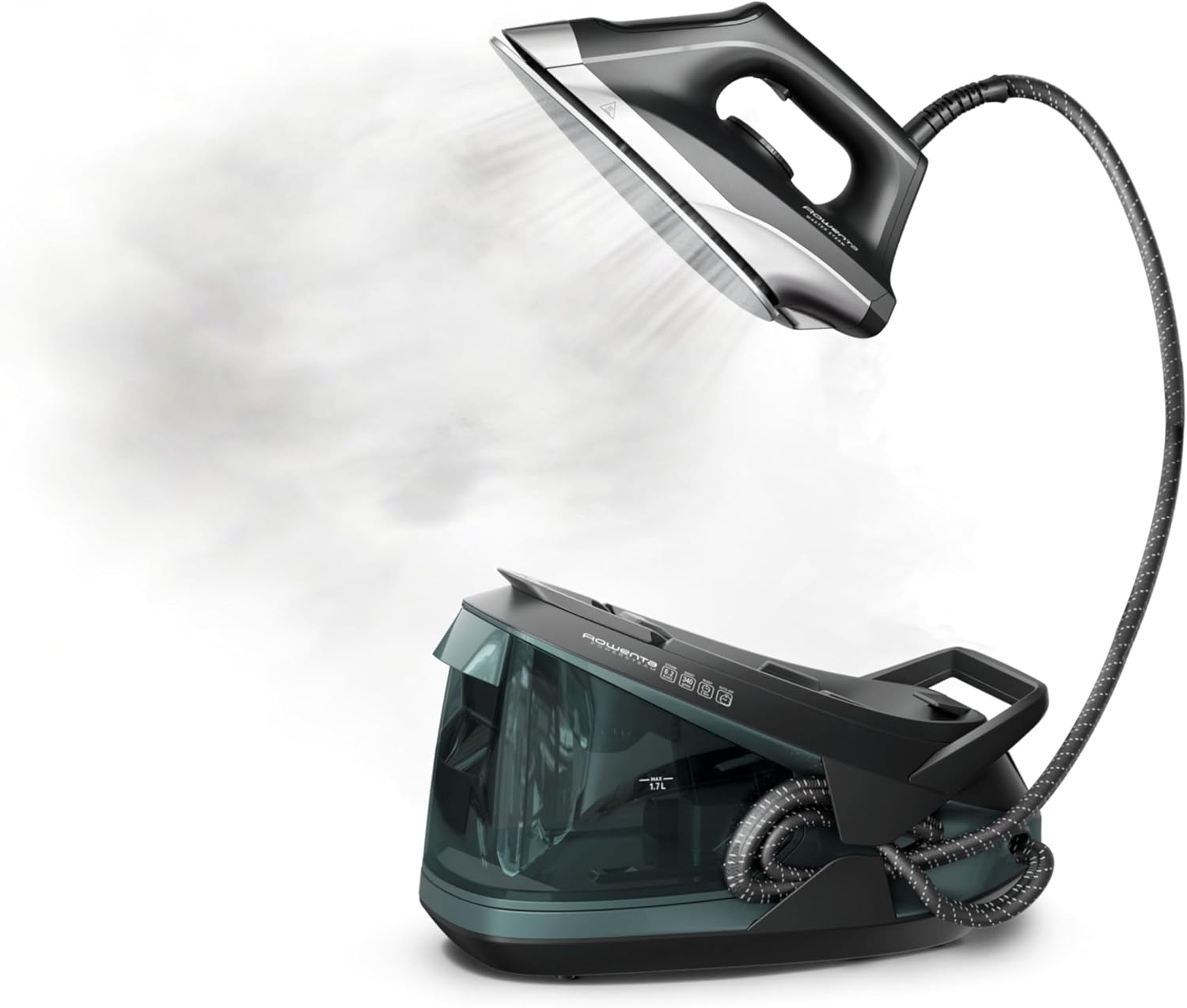 Rowenta Iron Steamer for Clothes Master Steam Station, Professional Steam Iron for Clothes with Stainless Steel Soleplate, 57 Oz, 400 Microsteam Holes, Built-In Pump, 1750 Watts, Black/Green, VR8338