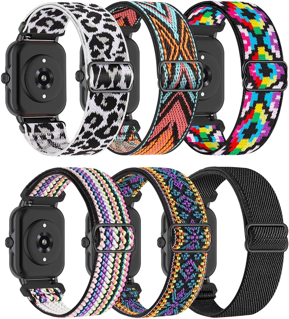 6 Pack Stretchy Nylon Bands Compatible with Amazfit Active 2/Active,20mm Soft Fabric Breathable Replacement Sport Strap for Amazfit Bip 3 Pro/GTR mini/GTS 4/3/2 Women Men