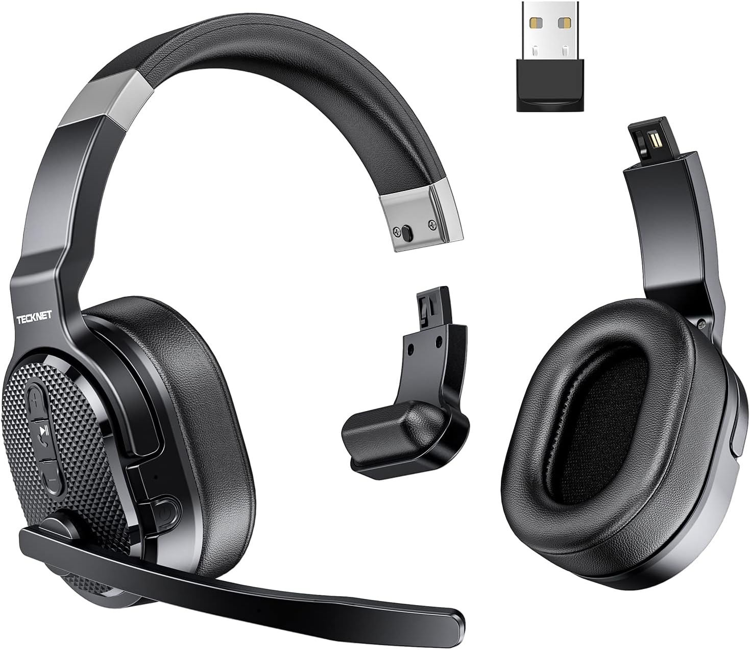 TECKNET Bluetooth Trucker Headset, Single and Dual Ear Wireless Headset with Mic for Work Noise Cancelling, 50Hrs 3 EQ Music Modes Trucker Bluetooth Headset for PC, Drivers, Office, Call Center Work