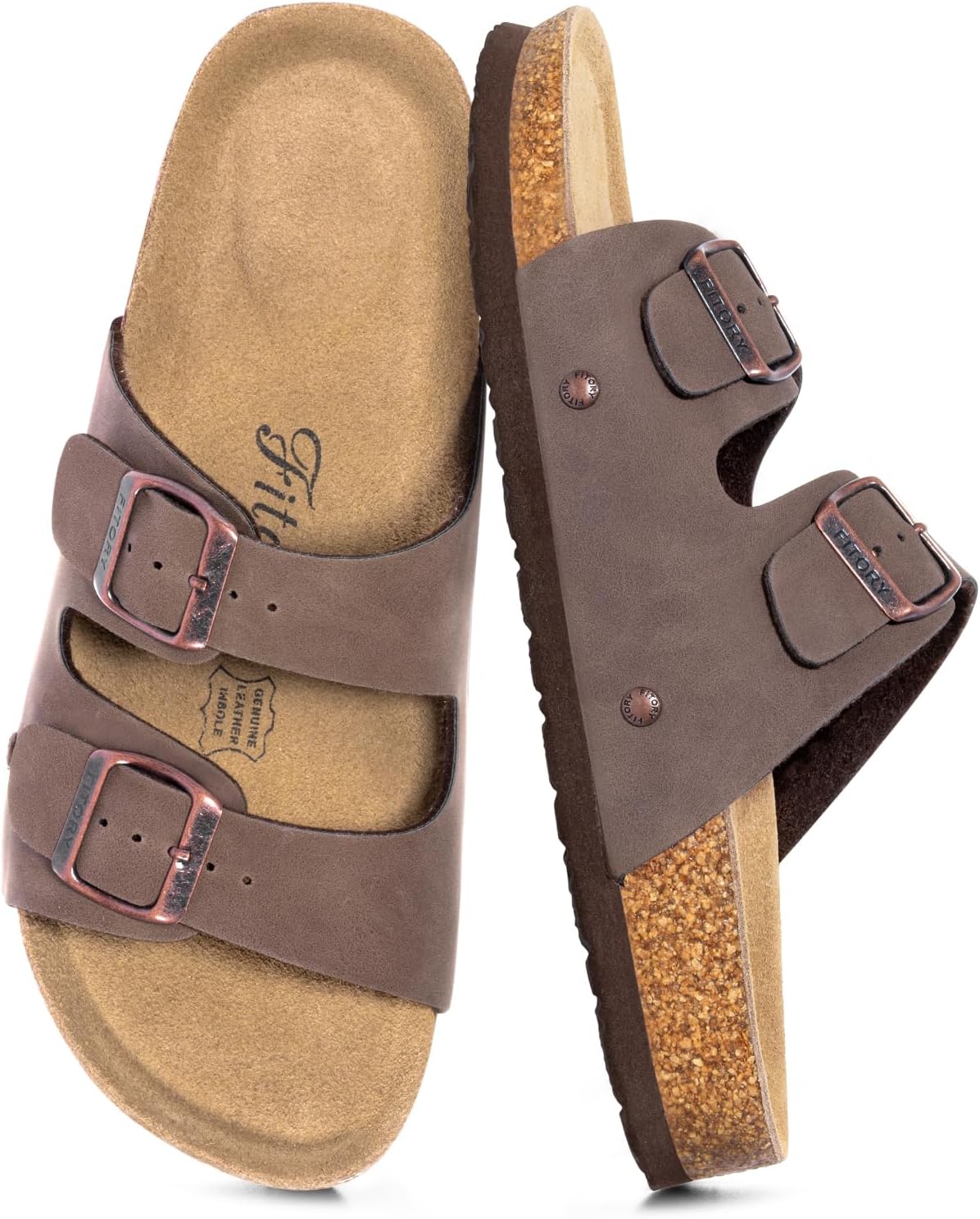 FITORY Womens Flat Sandals with Cork Footbed, Open Toe Slides Adjustable Slip On Slippers Size 4-9