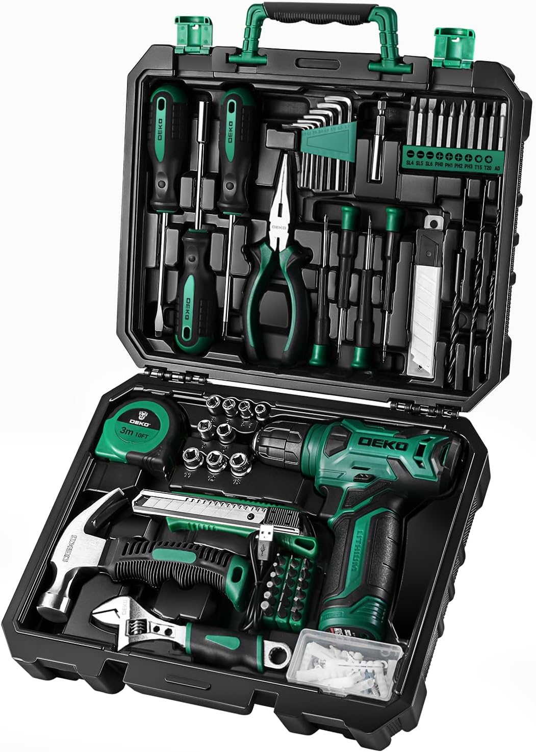 DEKOPRO Drill Set: 8V Green Cordless Drill, Home Tool Kit with 126 Piece Hand Tool Kits for Women