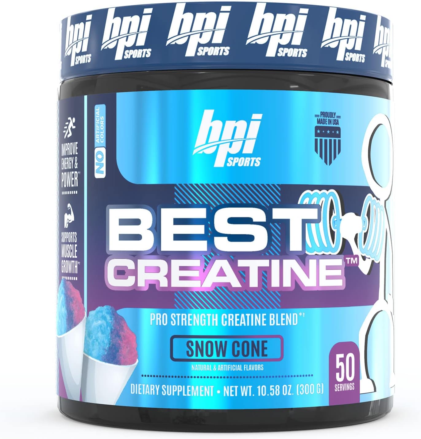 BPI Sports Best Creatine - Creatine Monohydrate, Himalayan Salt - strength, Pump, Endurance, Muscle Growth, Muscle Definition - No Bloat - Snow Cone - 50 servings - 10.58 Oz