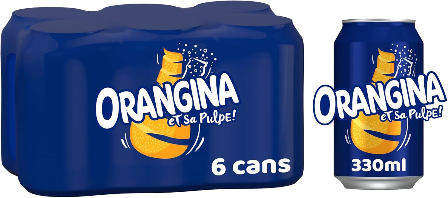 Orangina Sparkling Fruit Drink; Multipack of 6 x 330ml cans; contains a blend of citrus juices, real orange pulp and orange zest
