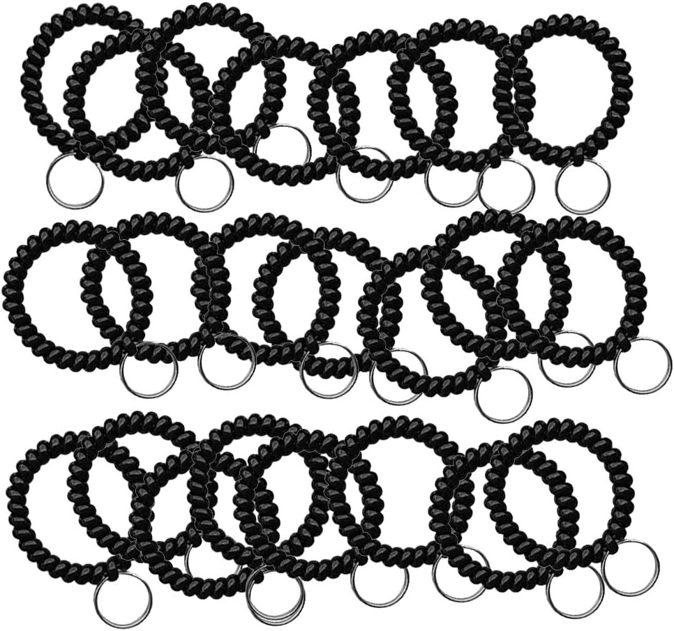 StayMax 50 pcs Stretchable Key Ring Band Keychain Spriral Wrist Coil Keychain Black for Number Tag