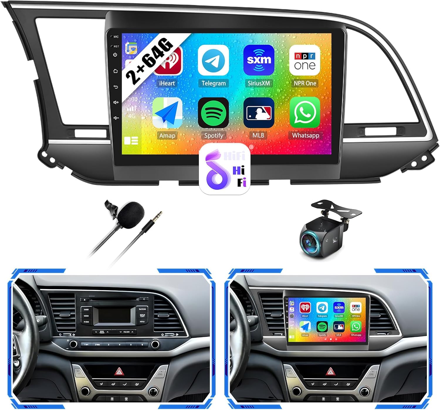 [2+64G] Android 13 Car Stereo for Hyundai Elantra 2016-2018 with Wireless Carplay&Android Auto,9 Inch Touch Screen Car Radio with GPS WiFi Bluetooth FM/RDS Radio SWC AUX-in+AHD Backup Camera