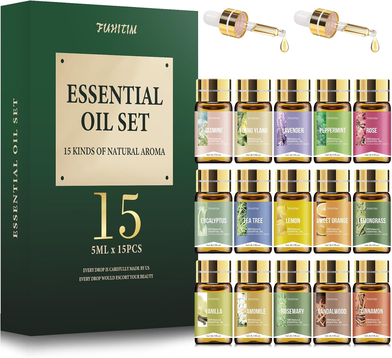 Essential Oils by FUHITIM,15 Pcs Essential Oil Set - for Diffuser, Massage, Fragrance Oil Scent for DIY Candle and Soap Making (15 * 5ML)