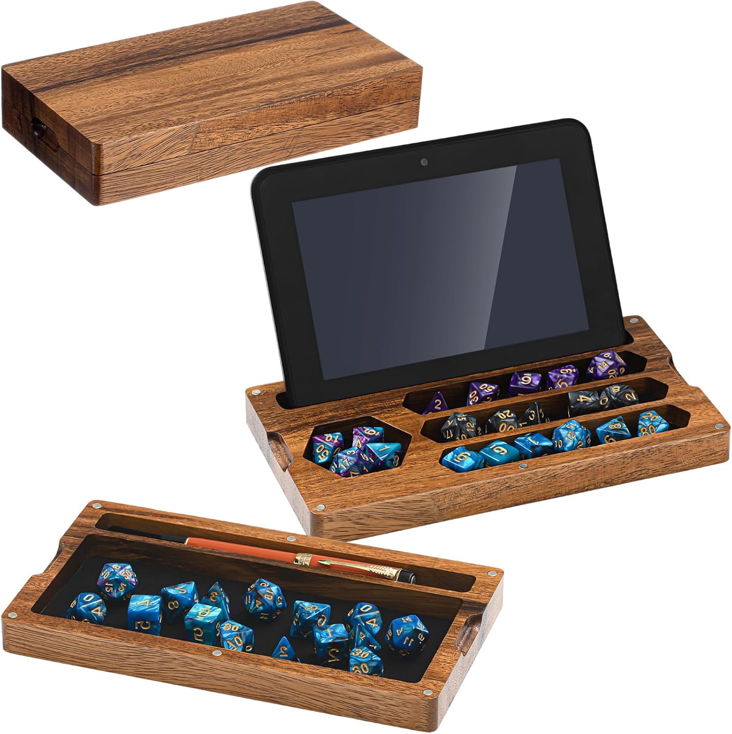 Walnut Dice Box 4.8 x 9 Inch Handmade Dice Tray for Rolling with Storage Phone Tablet Stand Magnetic Lock Secures Lid Portable Tray for Tabletop RPG Board Games Gift(Walnut,Regular)