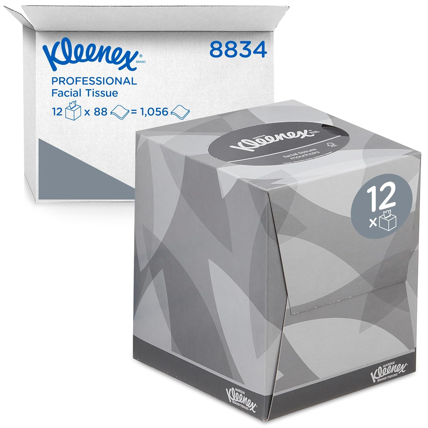 Kleenex Facial Tissue Box 2-Ply White Tissues, Soft, Strong & Absorbent, Fragrance-Free, FSC Certified, Stylish Cube Box for Home & Office, 12 Boxes x 88 Sheets (1,056 Tissues Total), 8834