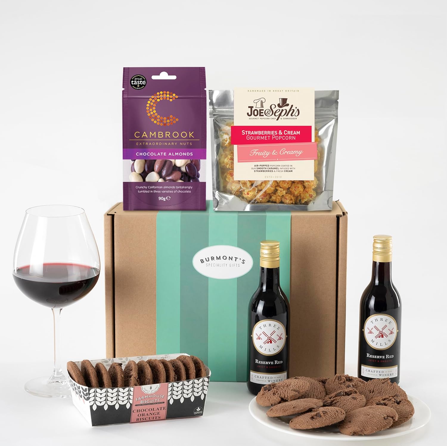 Burmont's Red Wine & Chocolate Gift Hamper - Two Small Red Wines, Chocolates & Premium Chocolate Chip Biscuits - Hamper Exclusive To Burmont's