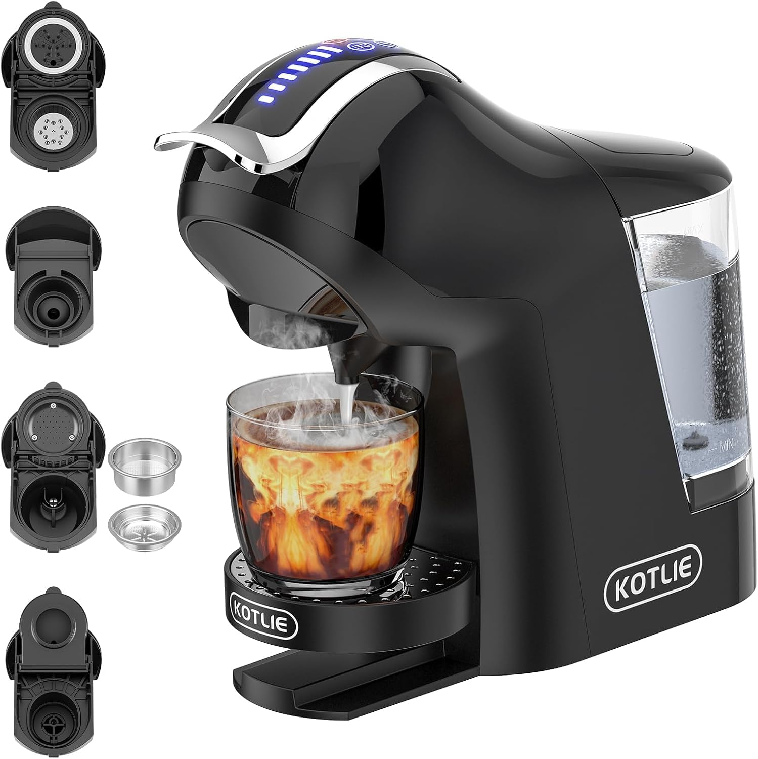 19 Bar 5in1 Multicapsule Espresso Coffee Machine for Dolce Gusto/Nespresso/LOR/MIO Capsule and Coffee Ground/ESE Coffee Pods EM-308A (BLACK-UK)