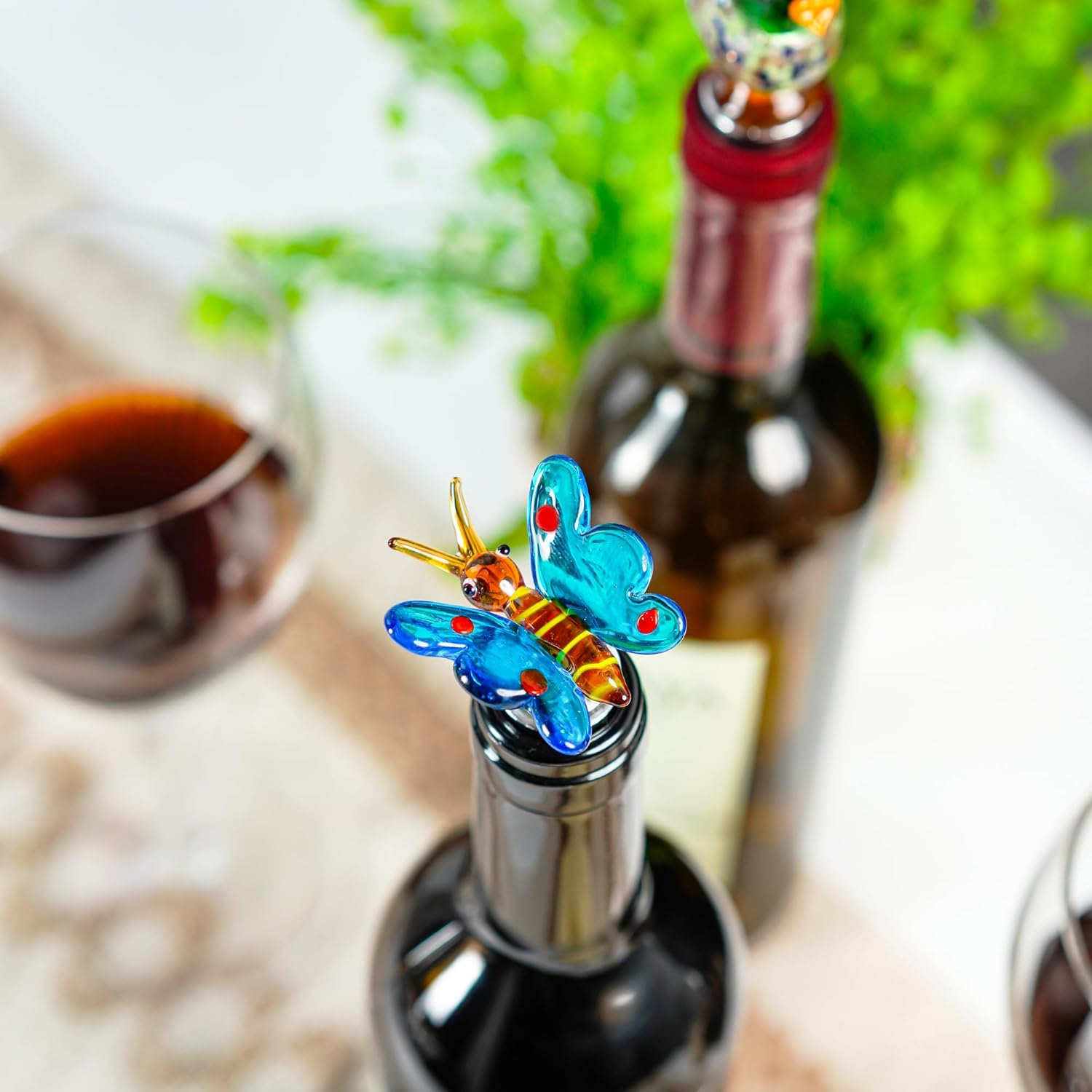 Handmade Wine Stopper Bottle Stopper With Blown Glass Butterfly Figurines - 3.5'' Wine Saver, Reusable Wine Stopper For Gifts, Bar, Holiday Party, Wedding