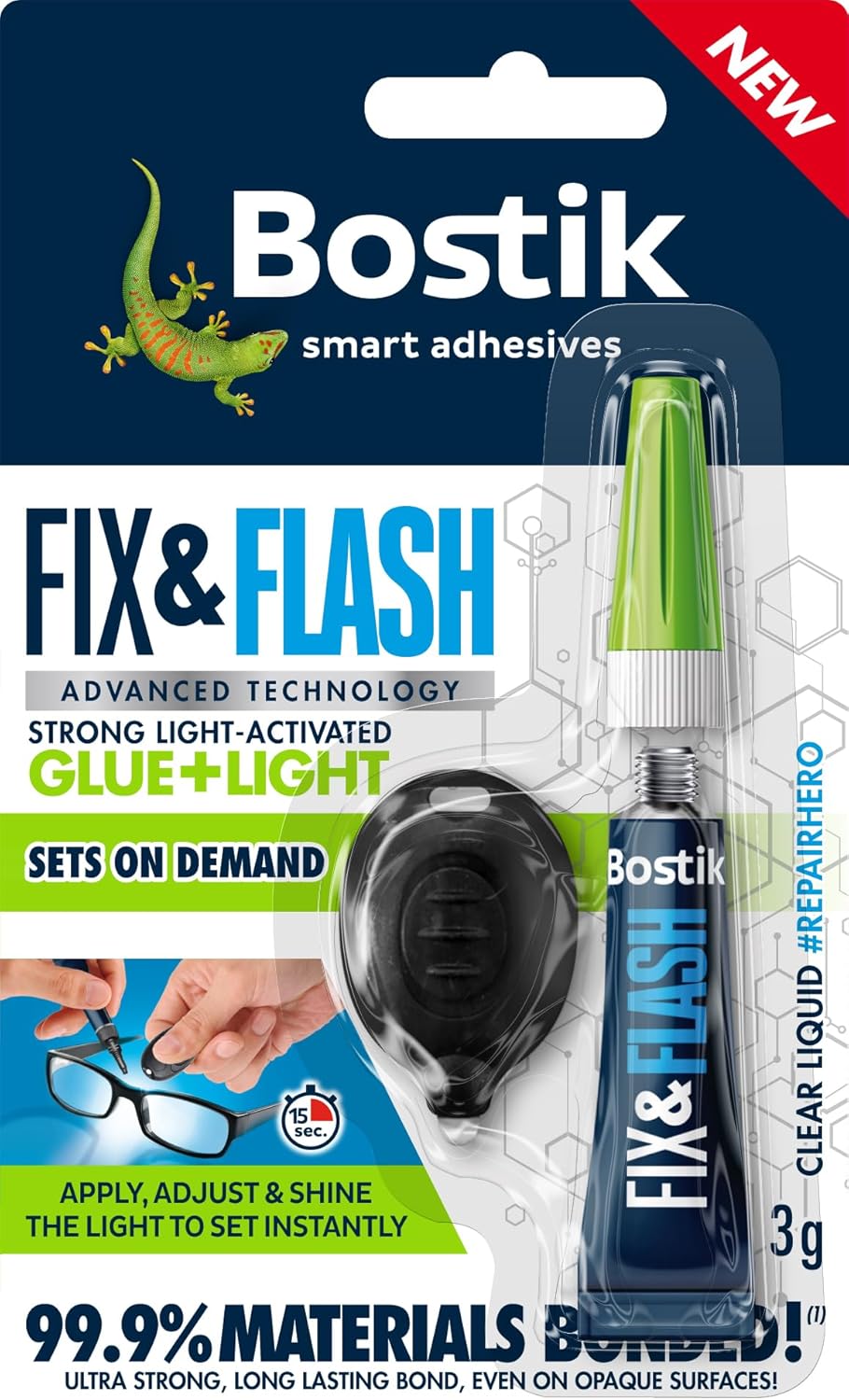 Bostik Fix & Flash Strong Light-Activated Glue, Bonds 99.9% of Materials, Solvent Free, 3g Tube