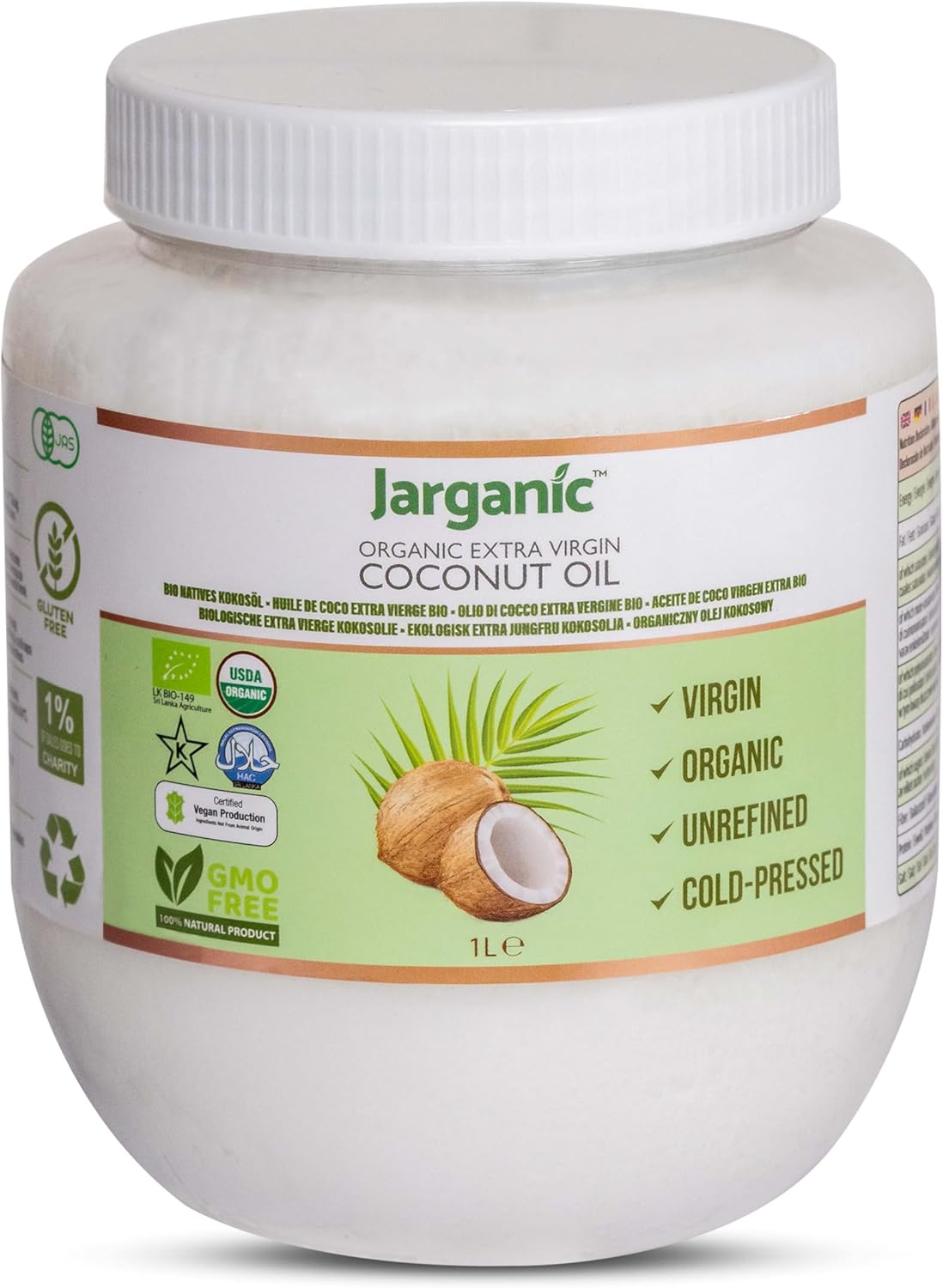 Organic Coconut Oil 1L (1000ml) for Cooking Baking Hair Skin Body Face - Extra Virgin, Natural, Pure, Cold-Pressed, Unrefined - Vegan Keto Paleo Gluten Free - Jarganic