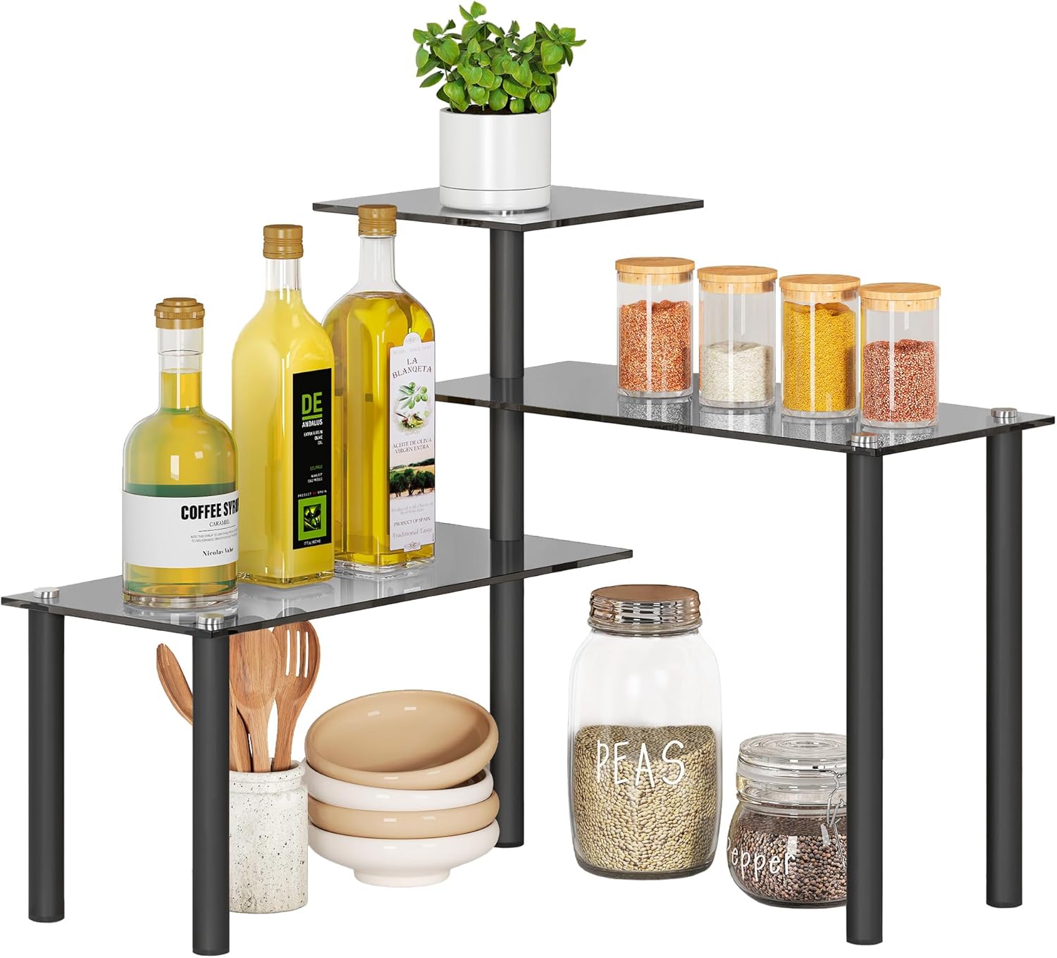 Kitchen Counter Shelf, 3 Tier Bathroom Countertop Organizer Moveable Corner Shelf, Tempered Glass Storage Shelf, Space Saving Makeup Organizer Spice Rack Plant Shelf Coffee Bar Dresser Table