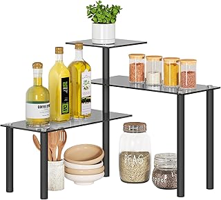 Kitchen Counter Shelf, 3 Tier Bathroom Countertop Organizer Moveable Corner Shelf, Tempered Glass Storage Shelf, Space Saving Makeup Organizer Spice Rack Plant Shelf Coffee Bar Dresser Table