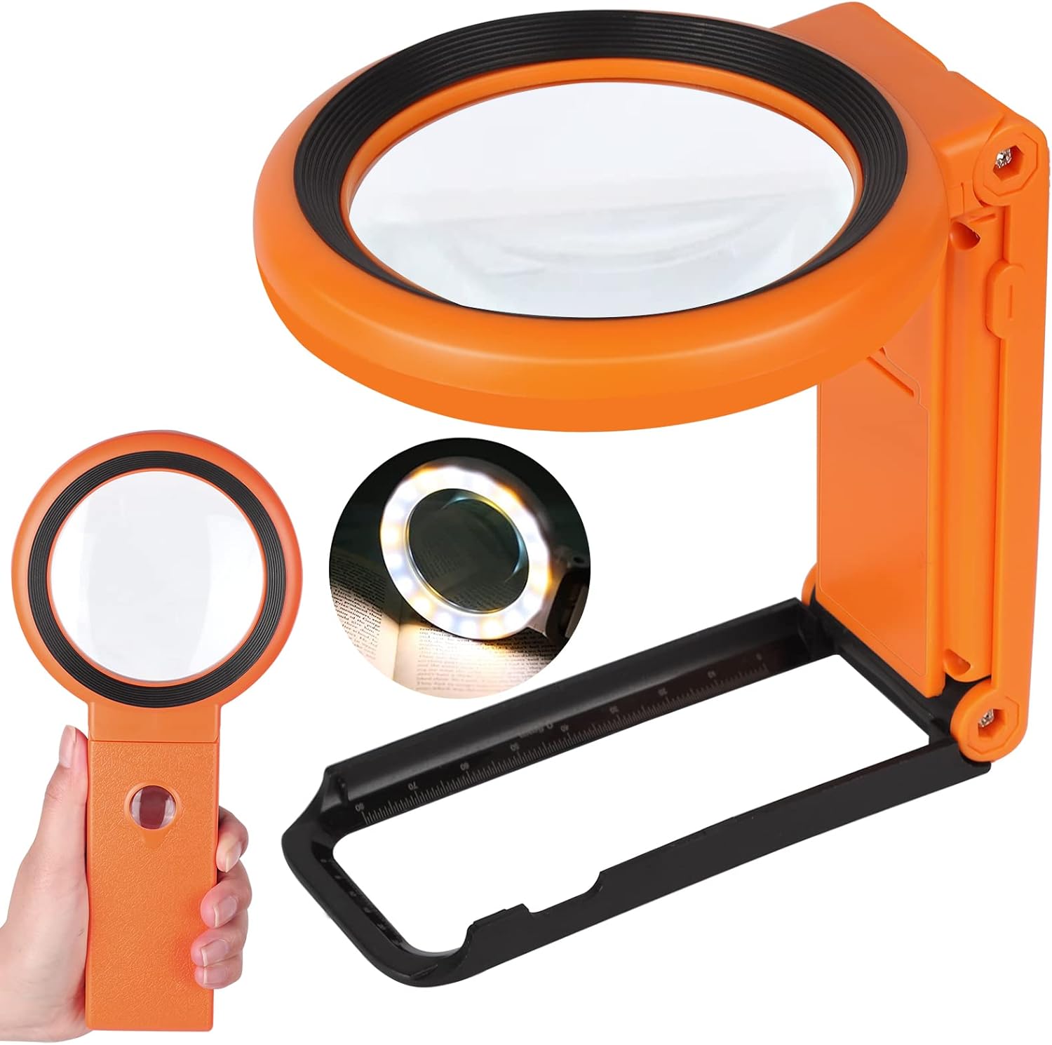 30X 40X Magnifying Glass with Light and Stand, Foldable Handheld Magnifying Glass 18 LED Illuminated Lighted Magnifier for Macular Degeneration, Seniors Reading, Close Work, Coins, Jewelry (Orange)