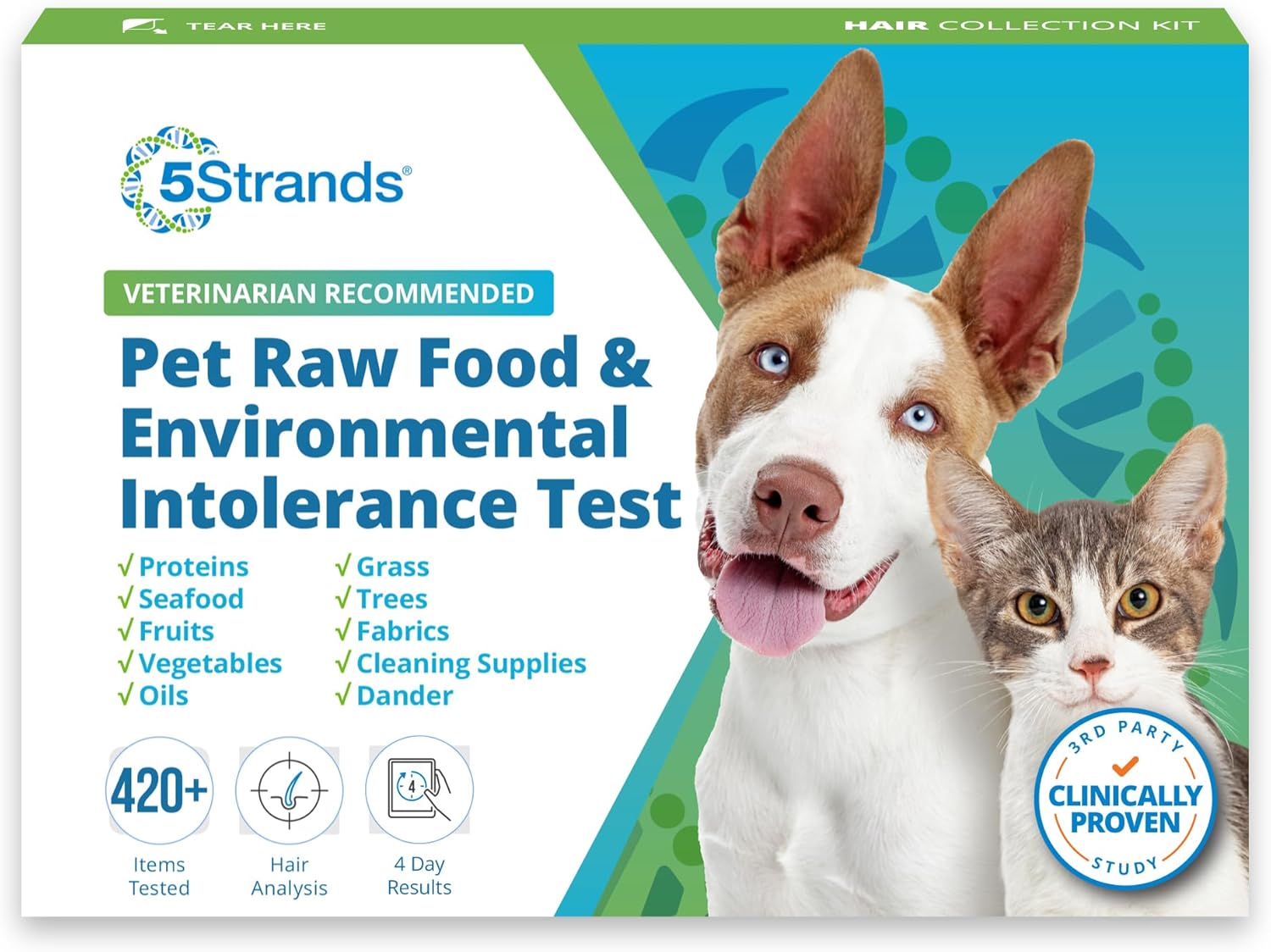 5Strands Pet Raw Food Intolerance & Environmental Sensitivity Test, at Home Test for Dogs & Cats, Hair Sample Collection Kit, All Ages and Breeds, Results in 5 Days