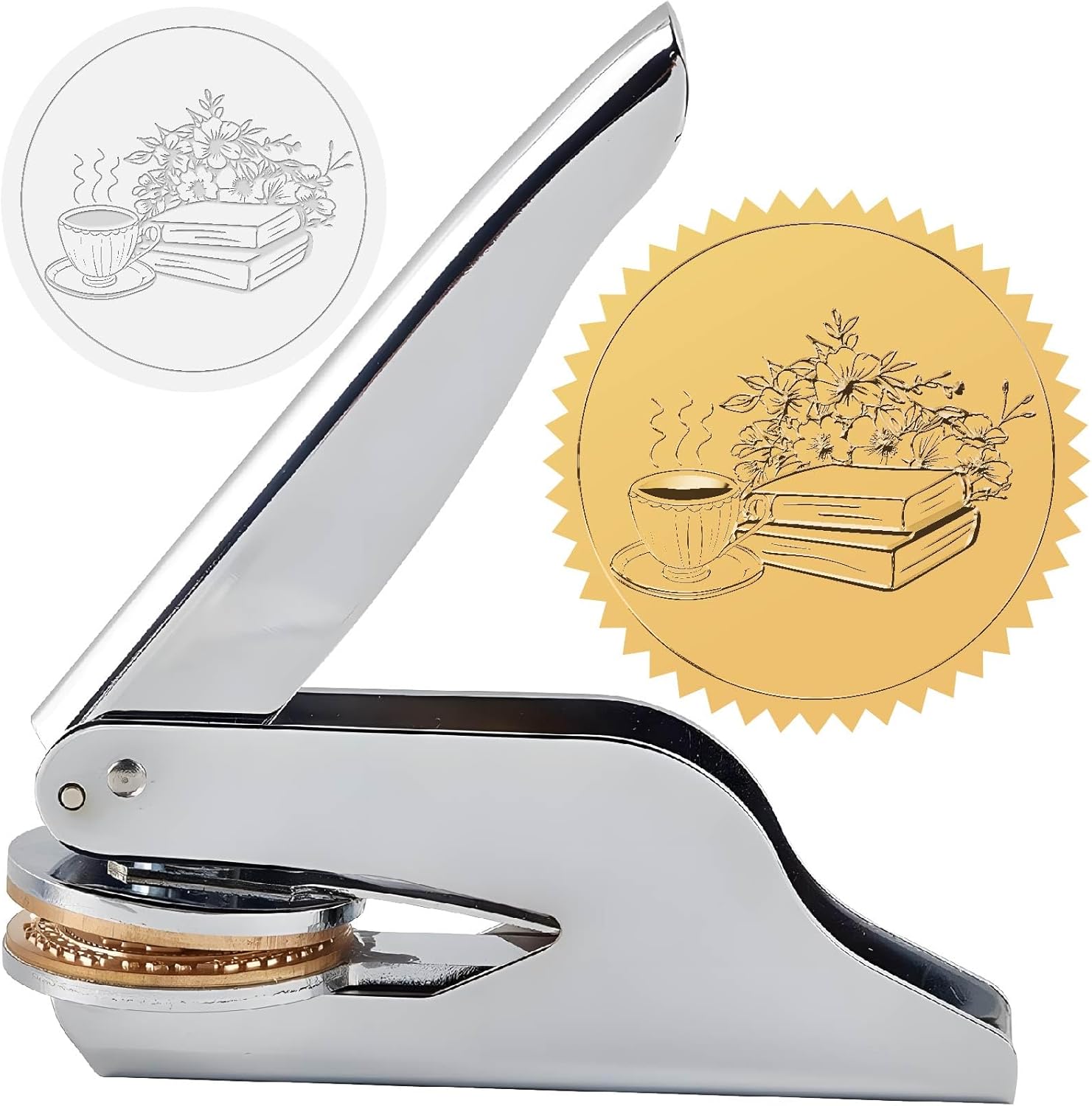 CRASPIRE Book Embossed Stamp Flower Tea Ex Libris Library 1.6in Stainless Steel Seal Stamper Hand Held Embosser Bookish Teacher Notary for Graduation Gift Envelopes Wedding Invitation Paper Napkin