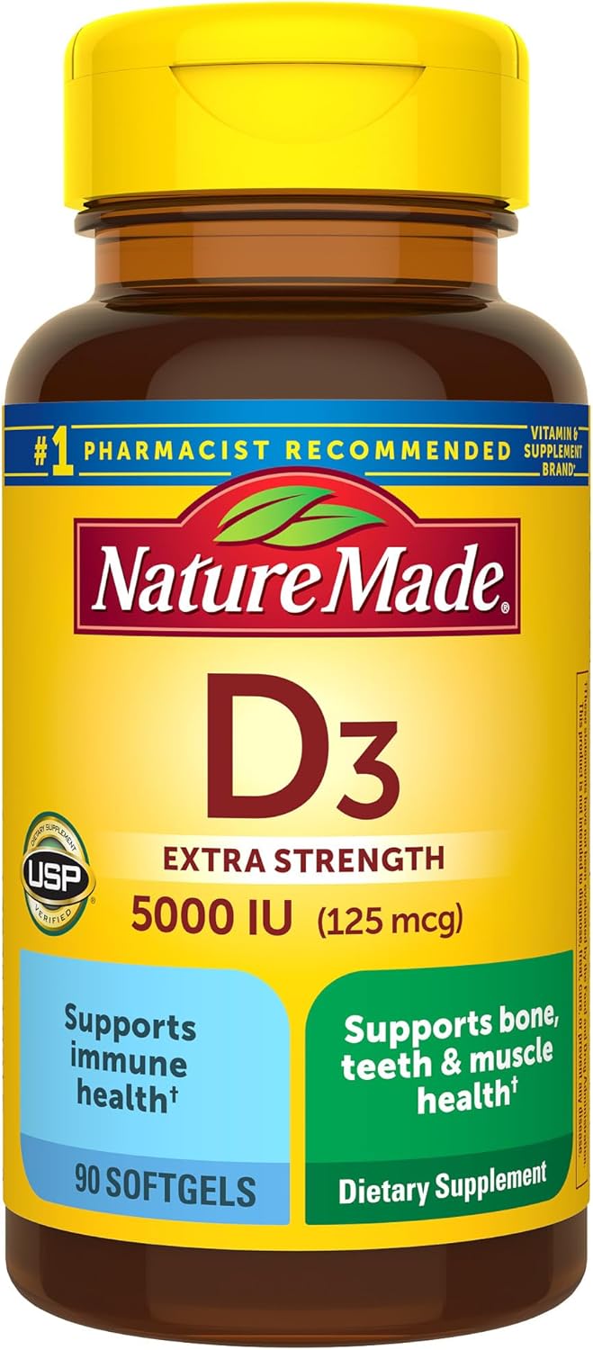 Nature Made Vitamin D3 5000 IU (125 mcg) Softgels, Extra Strength Vitamin D Supplement for Bone and Immune Health Support, 90 Softgels, 90 Day Supply